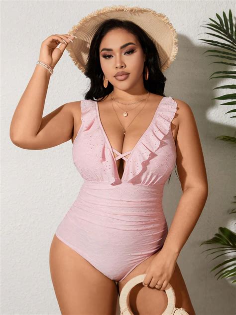 Shein Swim Vcay Plus Size One Shoulder Swimsuit With Ruffles And Cutout