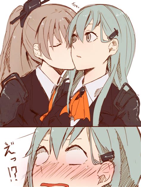 Safebooru 2girls Aqua Hair Blazer Blue Eyes Blush Brown Hair Closed