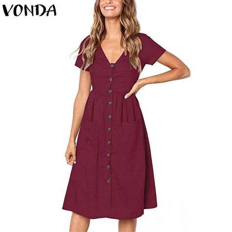 Vonda Women Knee Length Dress Summer Female Retro Sexy V Neck