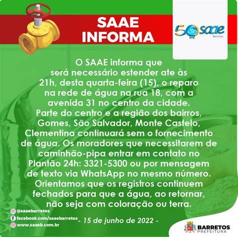 Saae Informa Que Ser Necess Rio Estender O Reparo Na Rede De Gua Na