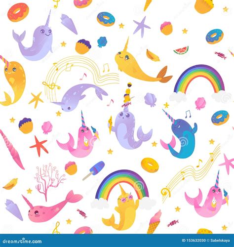 Seamless Pattern Of Cute Cartoon Narwhals With Rainbow Ice Creams