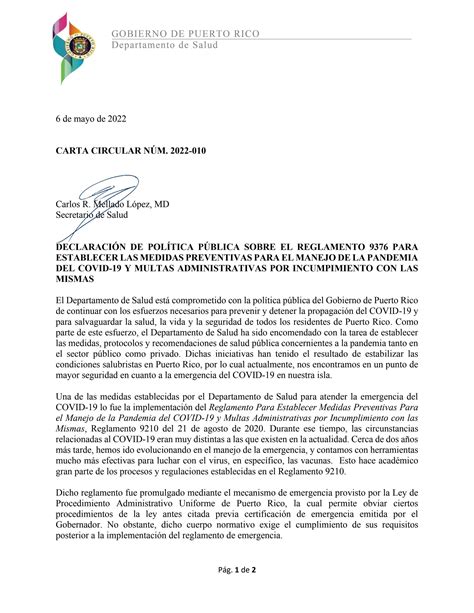 Carta Circular 2022 010 Del Departamento De Salud By Primera Hora Issuu