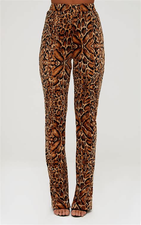 Camel Leopard Print Velvet Straight Leg Trousers Prettylittlething