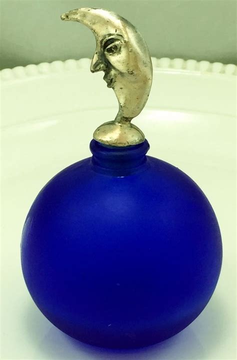 Vintage Cobalt Blue Glass Perfume Bottle Crescent Moon Stopper Silver Metal Perfume Bottles