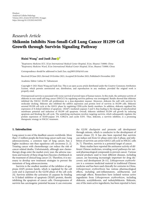 Pdf Shikonin Inhibits Non Small Cell Lung Cancer H1299 Cell Growth