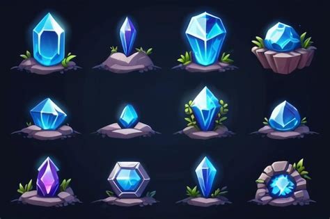 Gemstone Crystals Growing Pile Game Assets Blue Glowing Treasure Trophy