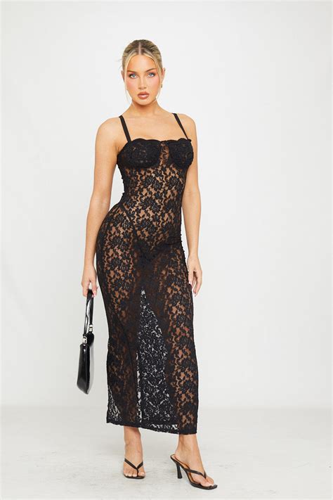 Black Sheer Lace Bustier Strappy Bodycon Maxi Dress Nothingbutstyle