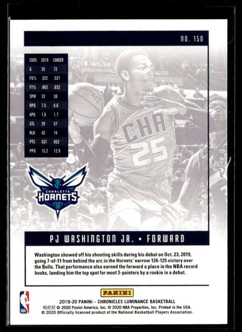 2019 20 PANINI CHRONICLES LUMINANCE PJ WASHINGTON JR RC CHARLOTTE