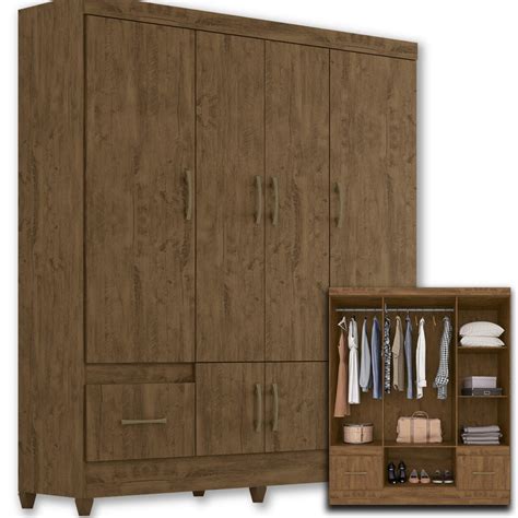 Guarda Roupa Casal Portas Gavetas Ms Moval Castanho Wood