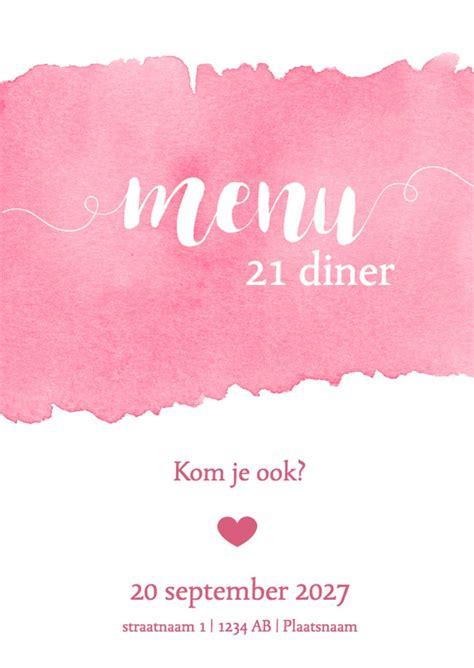 Menukaart Diner Waterverf Roze Kaartje Go