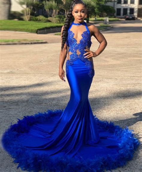 Royal Blue Mermaid Prom Dresses With Appliques Fur