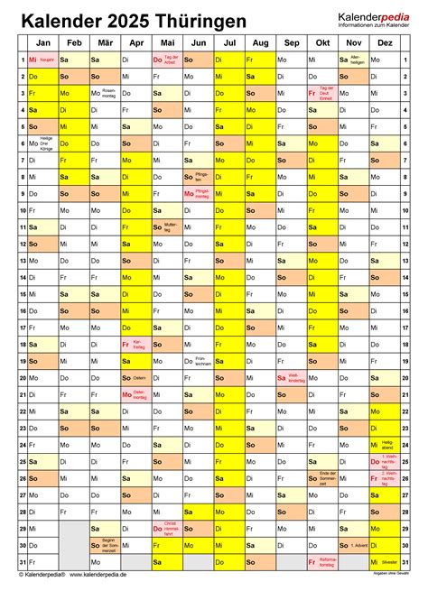 Kalender 2025 Thüringen Ferien Feiertage PDF Vorlagen