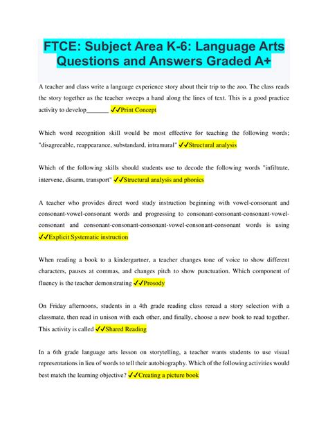 FTCE Subject Area K 6 Language Arts Questions And Answers Graded A