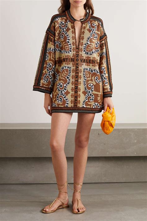 VALENTINO GARAVANI Crochet Trimmed Metallic Jacquard Knit Mini Dress