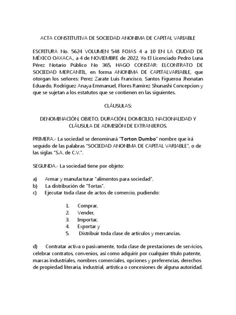 Acta Constitutiva De Sociedad Anonima De Capital Variable Descargar Gratis Pdf Sociedad De