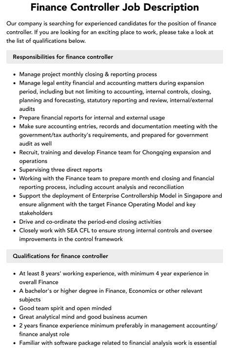 Finance Controller Job Description Velvet Jobs