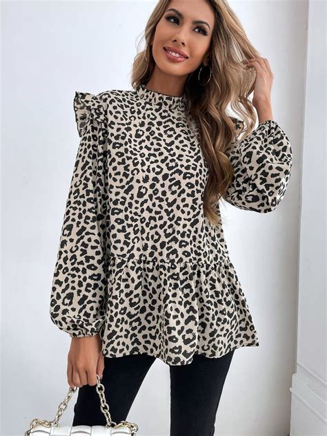 Plissado Bainha De Ruffle Gola Plissada Leopardo Ocasional Blusa