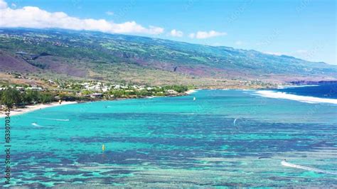 Aerial View Of Kitesurfing At Plage De La Saline Reunion Island Stock