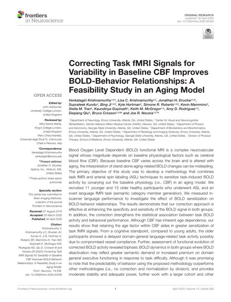 Pdf Correcting Task Fmri Signals For Variability In Baseline Cbf