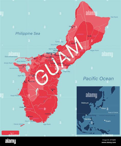 Guam Mapa Detallado Editable Con Regiones Ciudades Y Pueblos