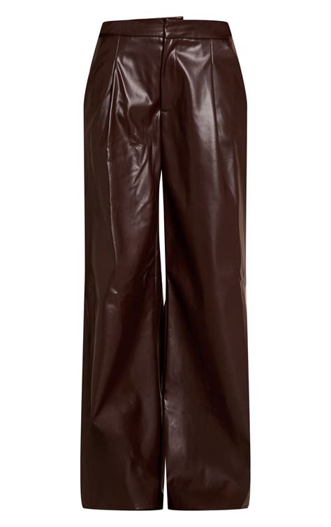 Chocolate Pleated Faux Leather Trousers | Bottoms | PLT