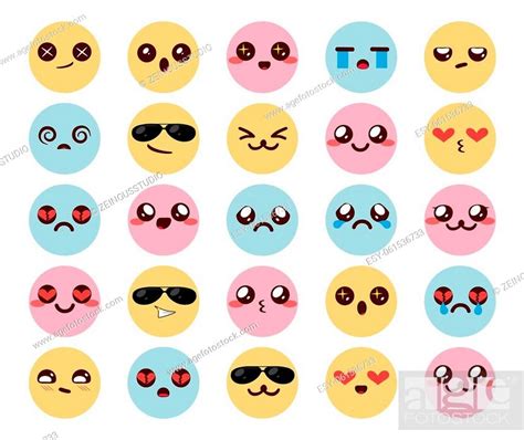 Kawaii Colorful Emoticons Vector Set Smileys Chibi Emoticon Cute