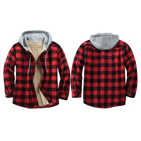 Mens Thermal Quilted Lined Flannel Shirts Jackets Hooded Button Down