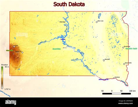 Physical Map Of South Dakota With Mountains Plains Bridges Rivers