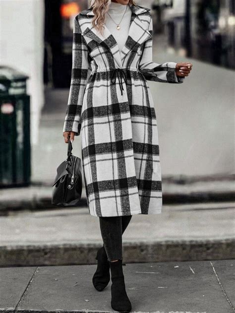 Overcoats Lapel Plaid Neck Print Women Fine Women Gingham Tartan