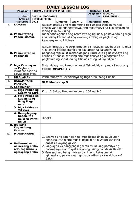 DLL AP5 Q1 Week 5 Day 2 DAILY LESSON LOG Paaralan SARAYAN ELEMENTARY