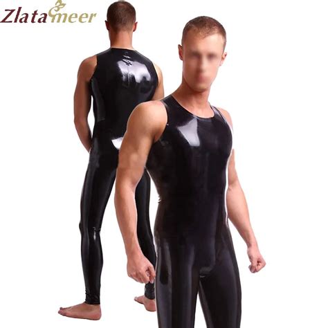 Sexy Black Latex Mens Tights Garment Fetish Sleeveless Rubber Catsuit