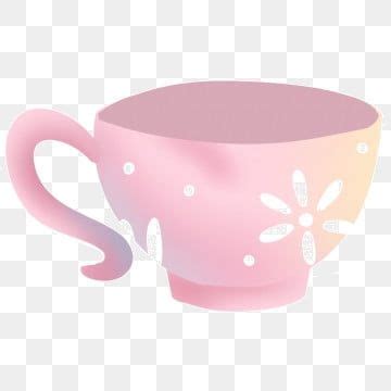 a pink coffee cup with white flowers on the rim, in front of a ...