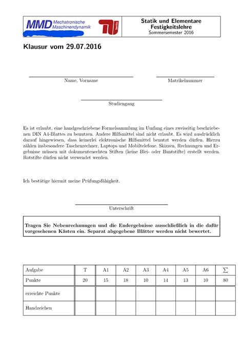 Stelf Klausur 16 MMD Mechatronische Maschinendynamik Berlin Statik