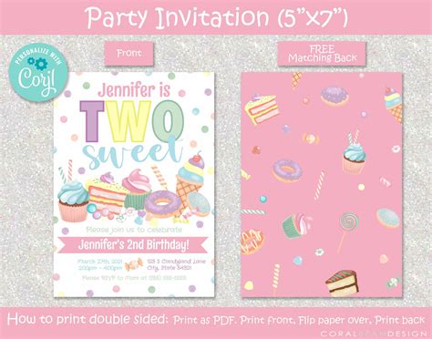 Two Sweet Editable Printable Birthday Party Invitation Etsy