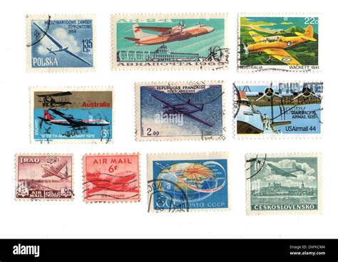 Vintage Postage Stamps From Around The World Featuring Aircraft Stock