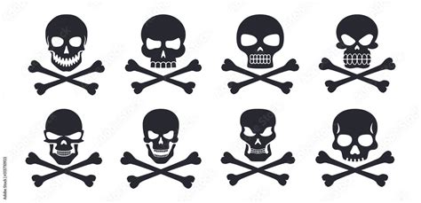 Different Human Skull Symbols With Crossbones Vector Illustration Icons