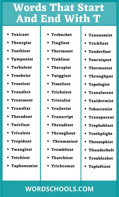 List Of Words That Start With T And End With T Word Schools