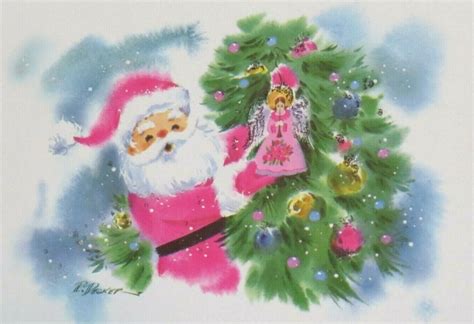 Vintage Christmas Holiday Cards Pink Santa Clause Tree Angel