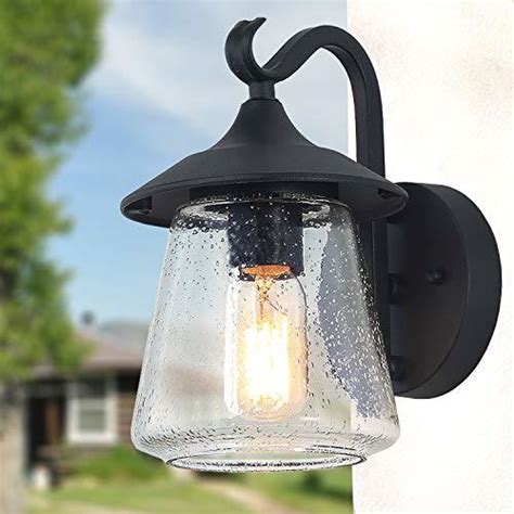 Log Barn Outdoor Wall Light，Farmhouse Exterior Lantern in Black with Seeded Glas - Light Fixtures