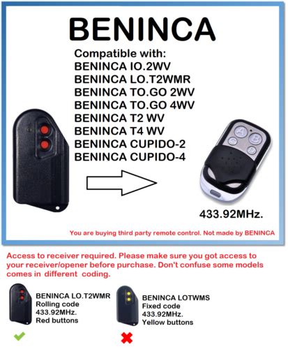 Beninca Lo T Wmr Telecomando Compatibile Codice A Rotazione Mhz