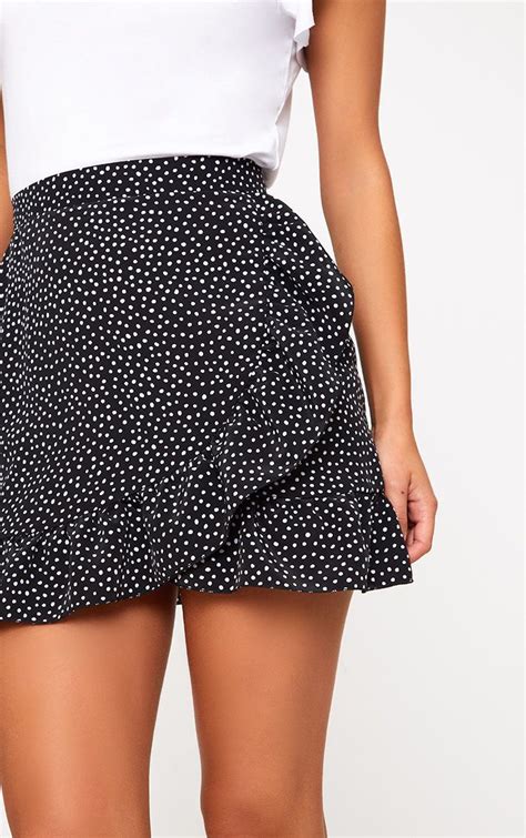 Black Polka Dot Frill Hem Wrap Mini Skirt Mini Skirts Girls Black