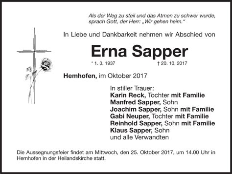 traueranzeigen von erna sapper trauernnde
