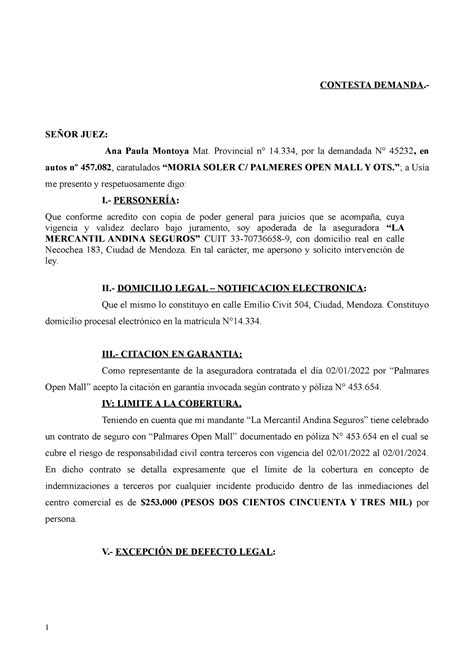 Contestación De Demanda Aseguradora Contesta Demanda SeÑor Juez Ana Paula Montoya Mat