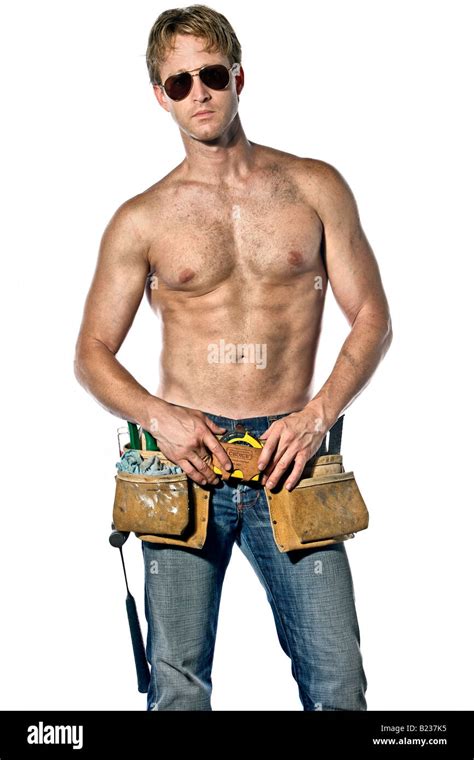 Sexy Caucasian Handyman Posing With His Toolbelt Wearing Aviator