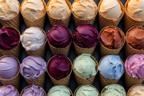 High View Different Ice Cream Flavours In Cones Premium Ai Generated Image