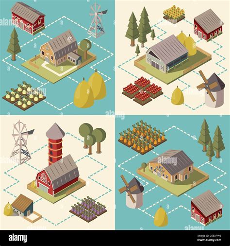 Farm Isometric Concept With Mill Fields And Harvest Barn And Silo Trees