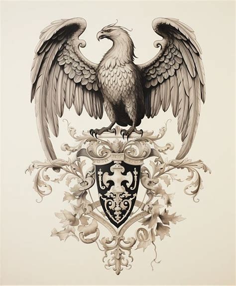 Elegant Black And White Coat Of Arms Featuring A Majestic Eagle Perched Atop An Ornate Shield