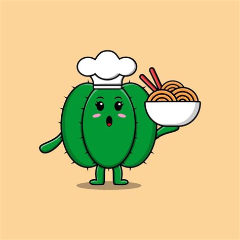 Personnage De Dessin Anim Mignon Cactus Chef Tenant Des Nouilles Dans