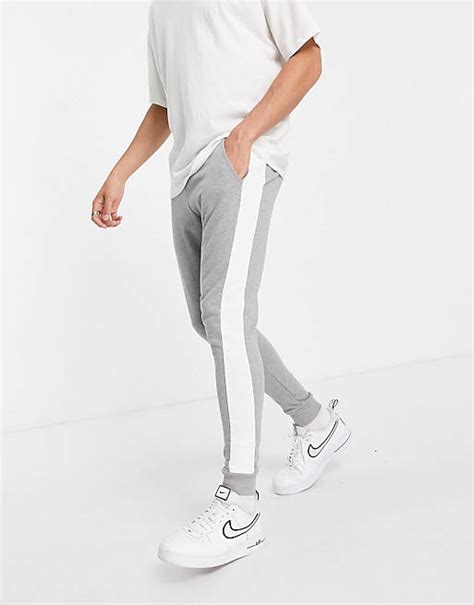 Asos Design Skinny Trackies With Side Stripe In Grey Marl Asos