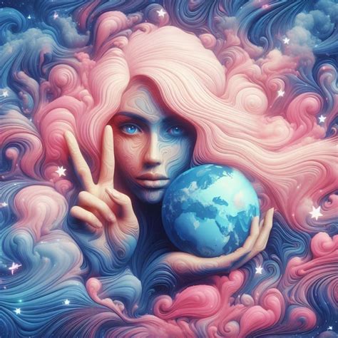 Premium AI Image | woman cradle earth planet sending a peace messagge with symbol illustration